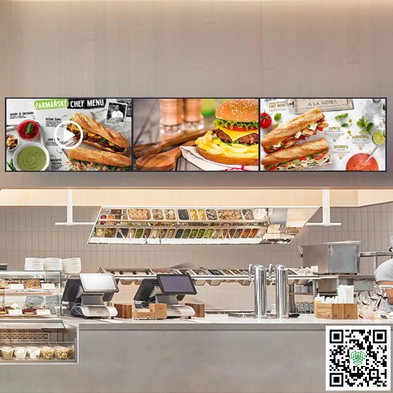 Bảng menu kỹ thuật số dựa trên đám mây trong cửa hàng thức ăn nhanh. Hiển thị Menu và đơn đặt hàng & khuyến mãi thực phẩm